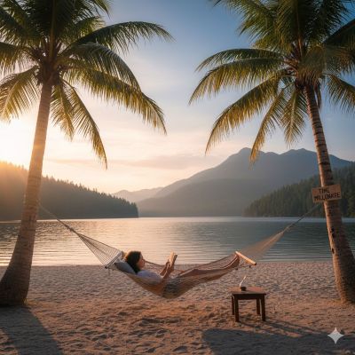 A serene scene of a person relaxing on a beach, conveying freedom and control over their time.